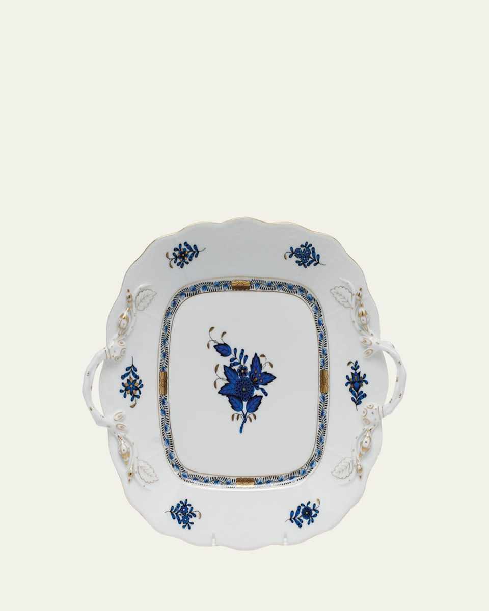 Chinese Bouquet Black Sapphire Square Cake Plate with Handles